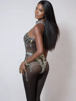 Jumpsuits & Romper|Embellishment*Nuo Fansi Siesen Cutout Cobweb Rhinestone Mesh Jumpsuit In Black