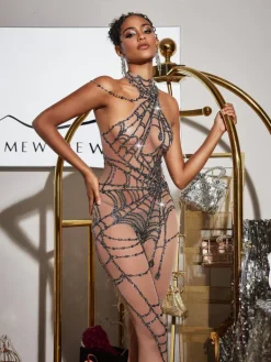 Jumpsuits & Romper|Embellishment*Nuo Fansi Siesen Cutout Cobweb Rhinestone Mesh Jumpsuit In Nude