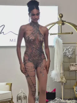 Jumpsuits & Romper|Embellishment*Nuo Fansi Siesen Cutout Cobweb Rhinestone Mesh Jumpsuit In Nude