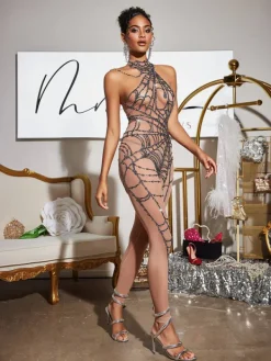 Jumpsuits & Romper|Embellishment*Nuo Fansi Siesen Cutout Cobweb Rhinestone Mesh Jumpsuit In Nude