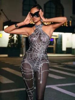 Jumpsuits & Romper|Embellishment*Nuo Fansi Siesen Cutout Cobweb Rhinestone Mesh Jumpsuit In Black