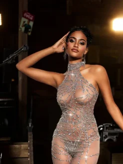 Embellishment|Jumpsuits & Romper*Nuo Fansi Siesen Turtleneck Cobweb Rhinestone Mesh Jumpsuit