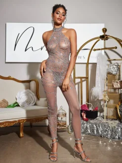 Embellishment|Jumpsuits & Romper*Nuo Fansi Siesen Turtleneck Cobweb Rhinestone Mesh Jumpsuit