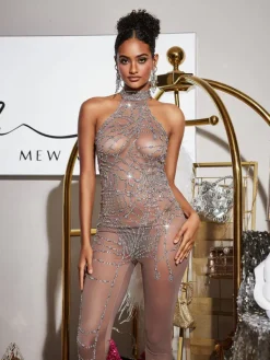 Embellishment|Jumpsuits & Romper*Nuo Fansi Siesen Turtleneck Cobweb Rhinestone Mesh Jumpsuit