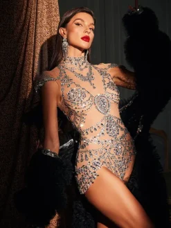 Bodysuits|Tops*Jiu Bajia O/S Simona High Neck Rhinestone Bodysuit