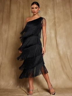 Dresses|Midi Dresses*Mew Mews Fashion Stiorra One Shoulder Fringe Midi Dress