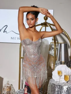Embellishment|Dresses*Embellishment Stragaz Strapless Crystal Chain Fringe Mini Dress