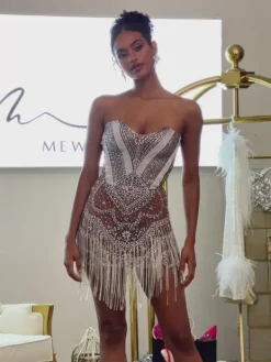 Embellishment|Dresses*Embellishment Stragaz Strapless Crystal Chain Fringe Mini Dress