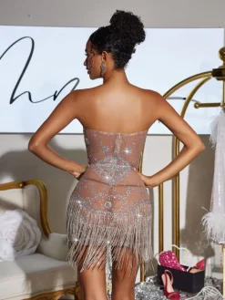 Embellishment|Dresses*Embellishment Stragaz Strapless Crystal Chain Fringe Mini Dress