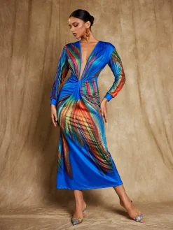 Dresses|Midi Dresses*Mew Mews Fashion Suzanne V Neck Printed Satin Midi Dress