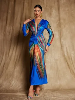 Dresses|Midi Dresses*Mew Mews Fashion Suzanne V Neck Printed Satin Midi Dress