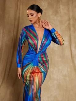 Dresses|Midi Dresses*Mew Mews Fashion Suzanne V Neck Printed Satin Midi Dress