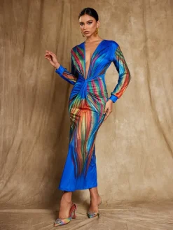 Dresses|Midi Dresses*Mew Mews Fashion Suzanne V Neck Printed Satin Midi Dress