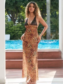 Dresses*Mew Mews Fashion Svea Lace Leopard Printed Maxi Dress