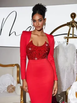 Dresses|Midi Dresses*Mew Mews Fashion Sweetie Long Sleeve Sequin Midi Dress In Red