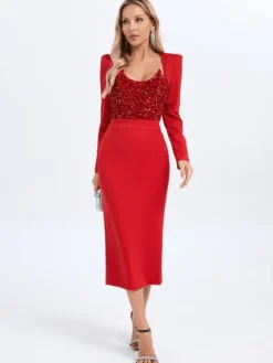 Dresses|Midi Dresses*Mew Mews Fashion Sweetie Long Sleeve Sequin Midi Dress In Red