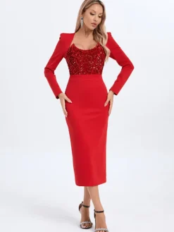 Dresses|Midi Dresses*Mew Mews Fashion Sweetie Long Sleeve Sequin Midi Dress In Red