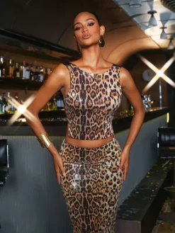 Tops*Mew Mews Fashion Syrita Backless Leopard Sequin Top