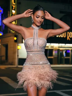 Dresses|Mini Dresses*Lu Yili Tamisha Halterneck Rhinestone Feather Mini Dress