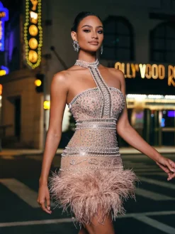 Dresses|Mini Dresses*Lu Yili Tamisha Halterneck Rhinestone Feather Mini Dress