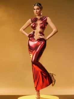 Sets & Co-ords*Mew Mews Fashion Taralynn Ruffle Ruched Metallic Skirt Set In Red