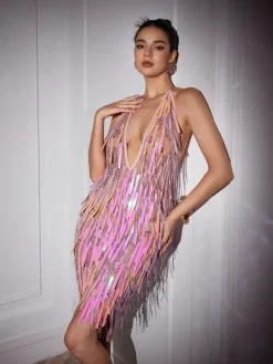 Embellishment|Dresses*Embellishment Taryn V Neck Crystal Chain Fringe Mini Dress