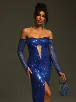 Embellishment|Dresses*Lu Yili Tavorian Off Shoulder Sequin Split Maxi Dress