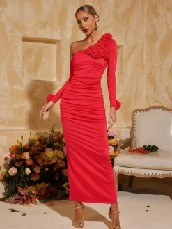 Dresses|Midi Dresses*Mew Mews Fashion Taylin One Shoulder Flower Ruched Midi Dress
