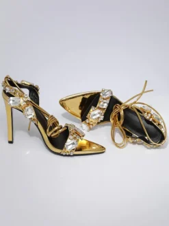 Shoes*Mew Mews Fashion Tempest Crystal Lace Up Heels In Gold