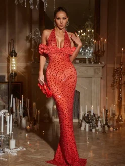 Embellishment|Dresses*Embellishment Terance Halterneck Flower Rhinestone Maxi Dress In Red