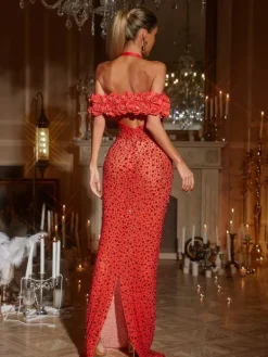 Embellishment|Dresses*Embellishment Terance Halterneck Flower Rhinestone Maxi Dress In Red