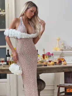Embellishment|Dresses*Embellishment Terance Halterneck Flower Rhinestone Maxi Dress In Nude