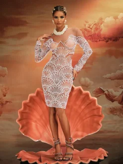 Embellishment|Dresses*Embellishment Theobald Long Sleeve Pearl Mesh Mini Dress