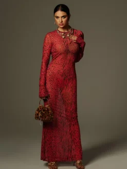 Dresses|Maxi Dresses*Mew Mews Fashion Theophilus Long Sleeve Backless Leopard Maxi Dress
