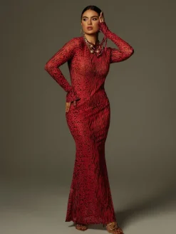 Dresses|Maxi Dresses*Mew Mews Fashion Theophilus Long Sleeve Backless Leopard Maxi Dress