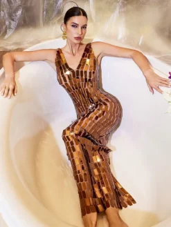 Embellishment|Dresses*Embellishment Thiago V Neck Acrylic Mesh Maxi Dress