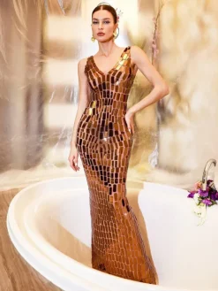 Embellishment|Dresses*Embellishment Thiago V Neck Acrylic Mesh Maxi Dress