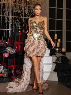 Embellishment|Dresses*Embellishment Tiemo Acrylic Tulle Trimmed Maxi Dress In Gold