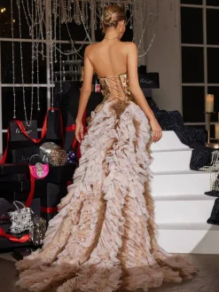 Embellishment|Dresses*Embellishment Tiemo Acrylic Tulle Trimmed Maxi Dress In Gold