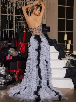 Embellishment|Dresses*Embellishment Tiemo Acrylic Tulle Trimmed Maxi Dress In Silver
