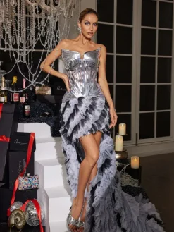 Embellishment|Dresses*Embellishment Tiemo Acrylic Tulle Trimmed Maxi Dress In Silver