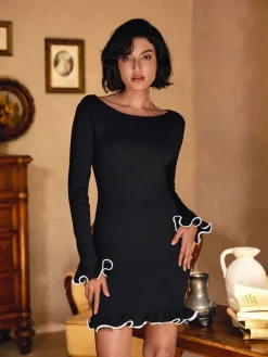Dresses|Mini Dresses*Mew Mews Fashion Tionne Long Sleeve Ruffle Knitted Mini Dress In Black