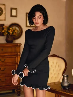 Dresses|Mini Dresses*Mew Mews Fashion Tionne Long Sleeve Ruffle Knitted Mini Dress In Black