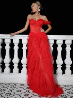 Dresses|Maxi Dresses*Mew Mews Fashion Titania One Shoulder Tulle Maxi Dress In Red