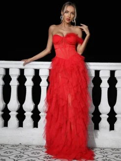 Dresses|Maxi Dresses*Mew Mews Fashion Titania One Shoulder Tulle Maxi Dress In Red