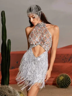 Embellishment|Dresses*Embellishment Tobin Sequin Fringe Metallic Dress In Silver