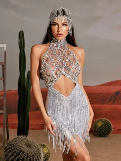 Embellishment|Dresses*Embellishment Tobin Sequin Fringe Metallic Dress In Silver