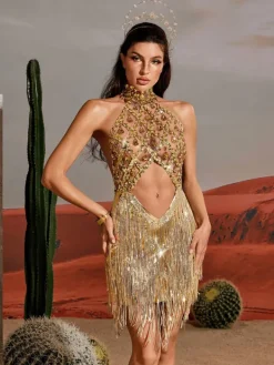 Embellishment|Dresses*Embellishment Tobin Sequin Fringe Metallic Dress In Gold