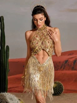 Embellishment|Dresses*Embellishment Tobin Sequin Fringe Metallic Dress In Gold