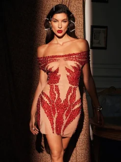Dresses|Mini Dresses*Jiu Bajia O/S Toivo Off Shoulder Rhinestone Mesh Dress In Red